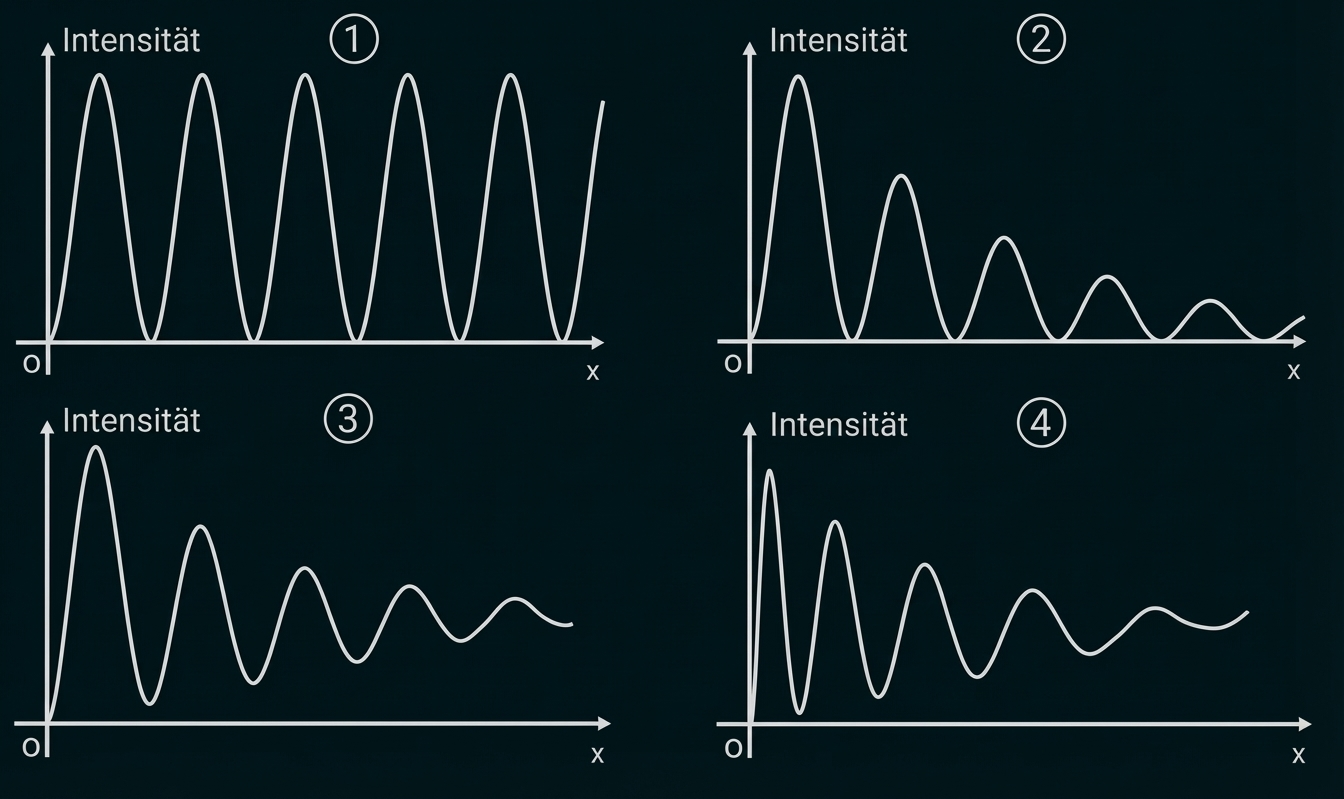 Vier Diagramme (1–4) Intensität gegen x: verschiedene Wellenformen, von gleichbleibenden zu abklingenden Schwingungen.